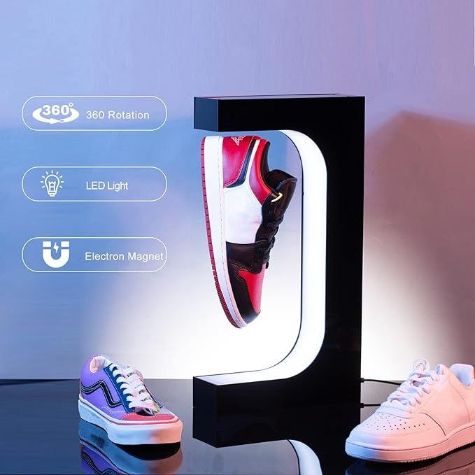 Levitating Shoe Display Floating Shelf Magnetic Sneaker Stand with LED Light Rotating Acrylic Holder for Advertising Exhibition Show in Shop Store Gift Home Decoration