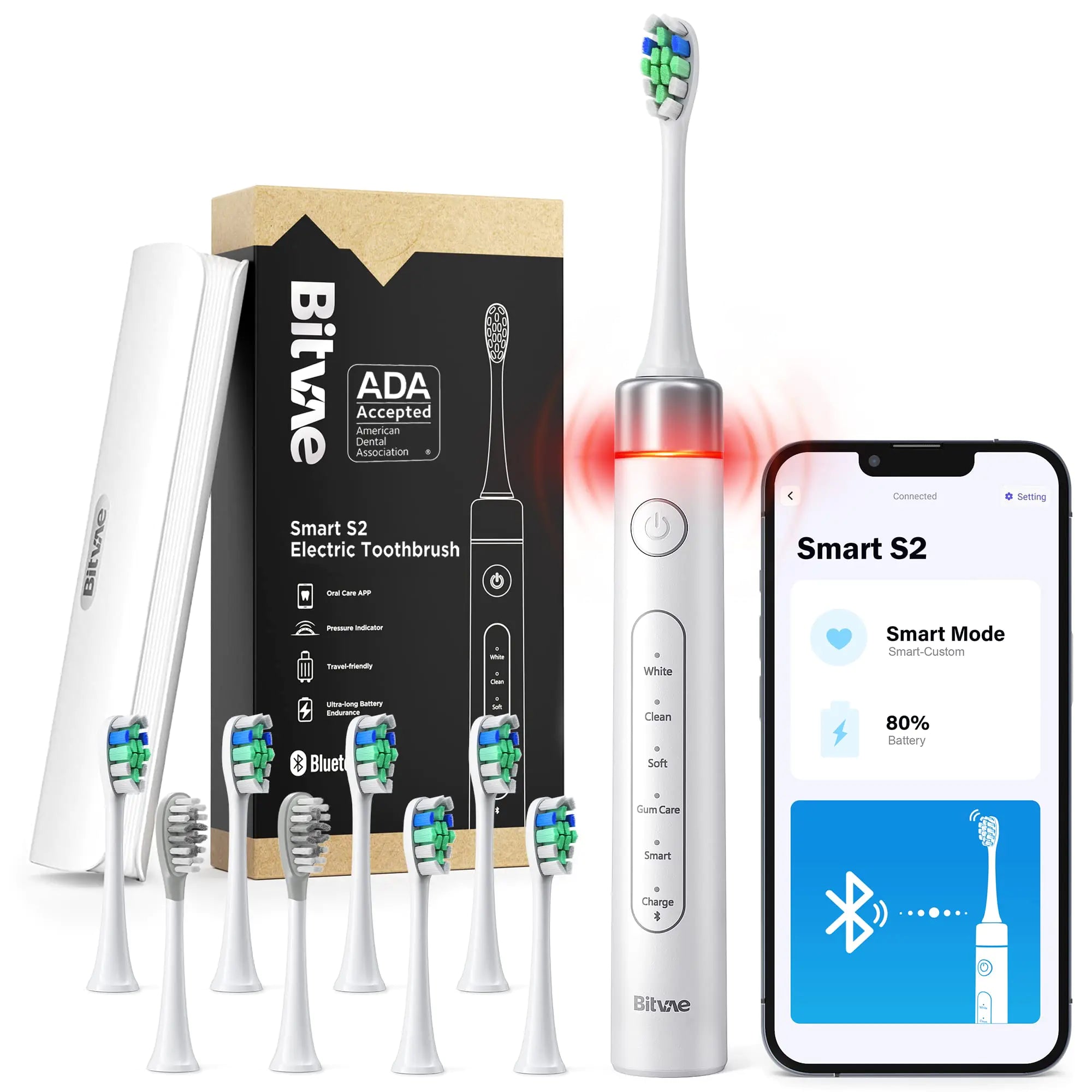 Bitvae Sonic Whitening Toothbrush Ultrasonic Rechargeable Electric Toothbrush with 8 Brush Heads & Travel Case 5 Modes 4 Hr Charger Last 100 Days Power