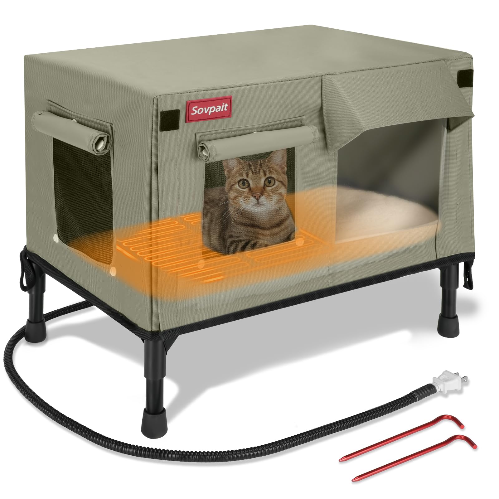 SOVPAIT Outdoor Heated Cat House Nylon Waterproof Fabric Strong Supporting Iron Pipe Outdoor Kitty House Can Be Used IndoorsOutdoorWinterSummerOutdoor Cat House Shelter (TanLarge)
