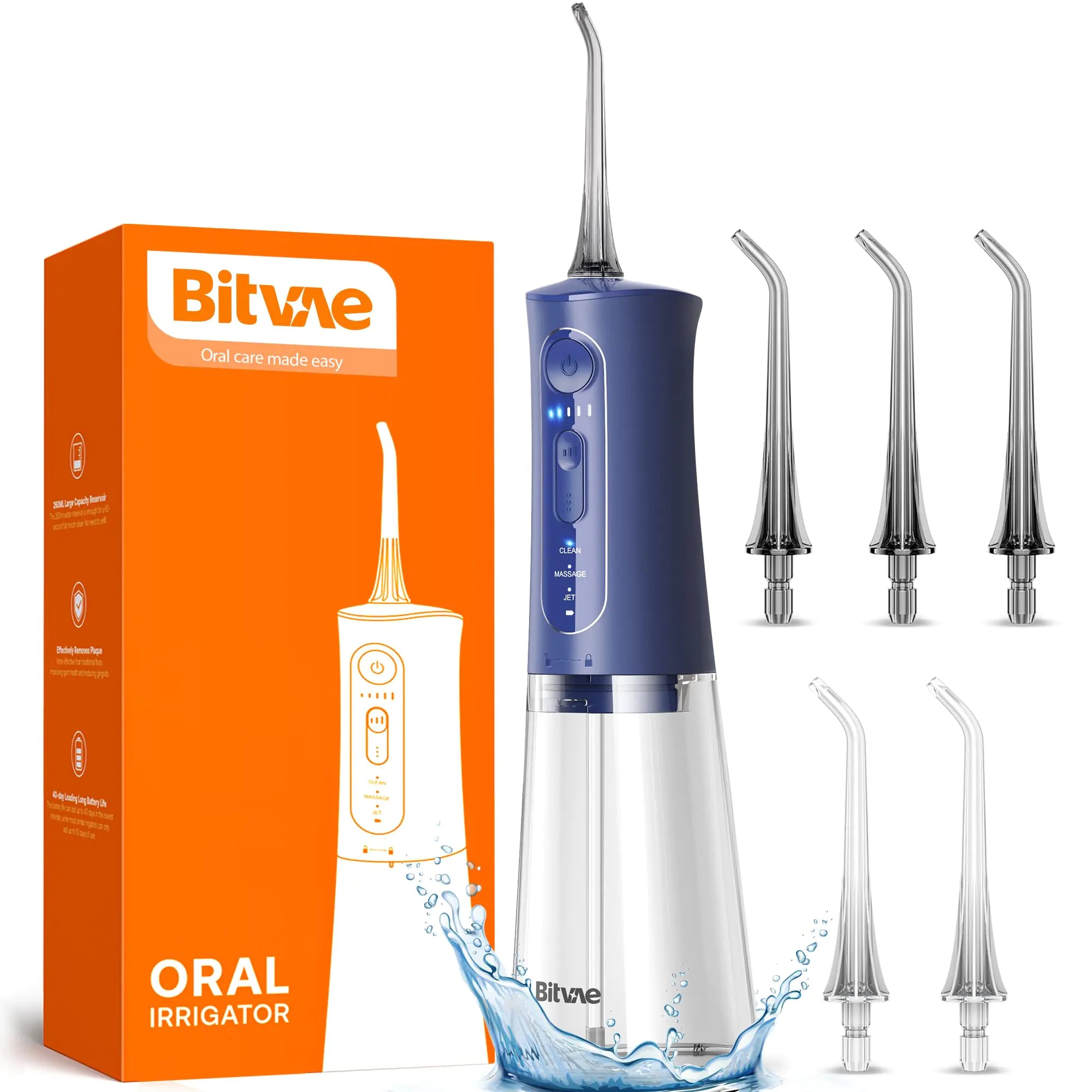 Bitvae Water Dental Flosser for Teeth Cleaning Powerful Water Teeth Cleaner Picks 3 Modes 5 Intensities IPX7 Waterproof Oral Irrigator USB Rechargeable Water Dental Picks - Midnight Blue